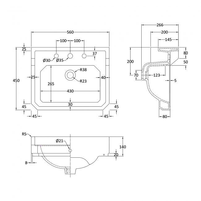 Hudson Reed Richmond Traditional Basin 560mm Wide - White 3 Tap Hole