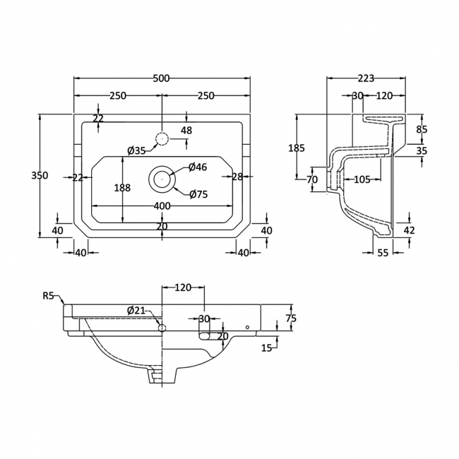 Hudson Reed Richmond Traditional Basin 500mm Wide - White 1 Tap Hole