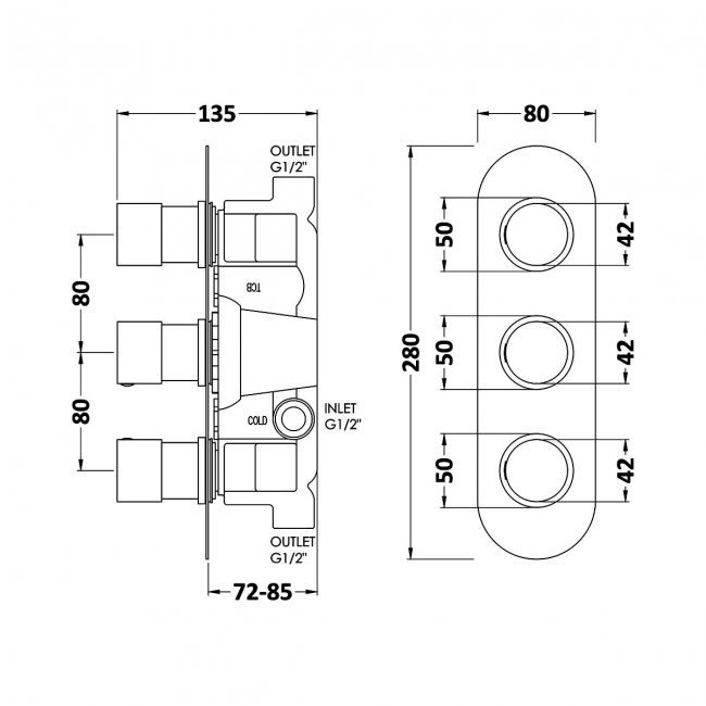 Hudson Reed Round Concealed Shower Valve Triple Handle - Chrome