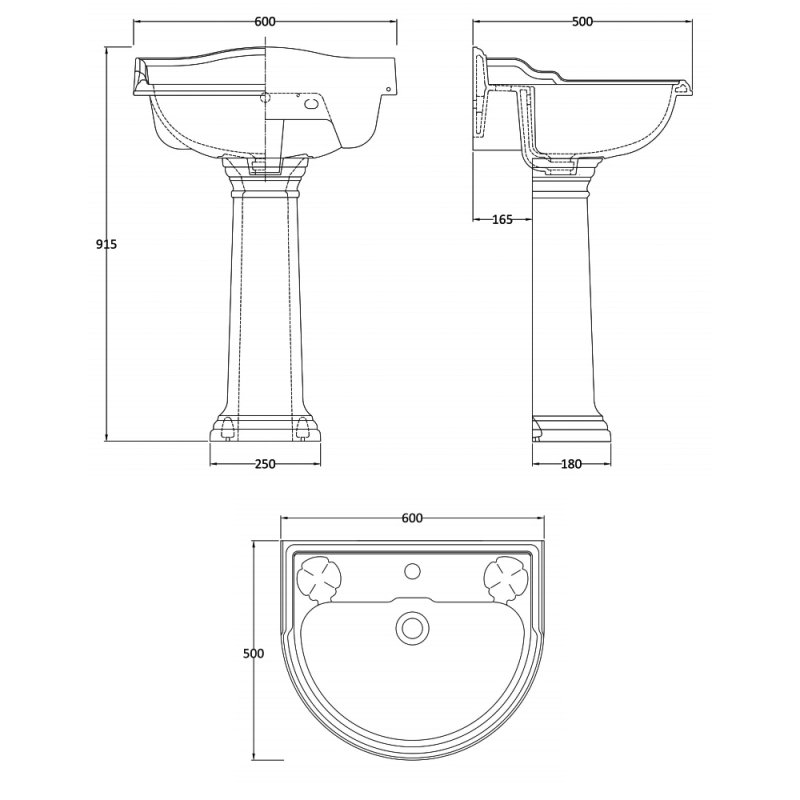 Hudson Reed Ryther Basin and Full Pedestal 600mm Wide - 1 Tap Hole