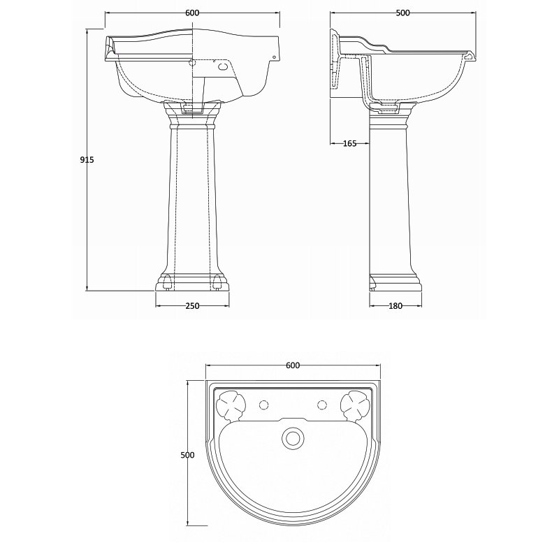 Hudson Reed Ryther Basin and Full Pedestal 600mm Wide - 2 Tap Hole