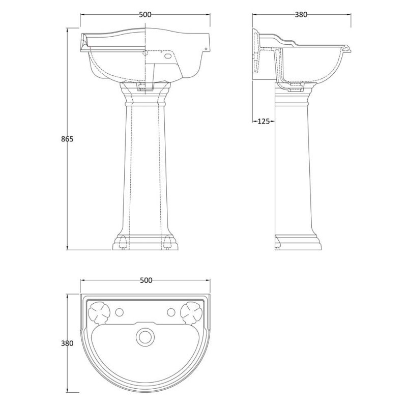 Hudson Reed Ryther Cloakroom Basin and Full Pedestal 500mm Wide - 2 Tap Hole
