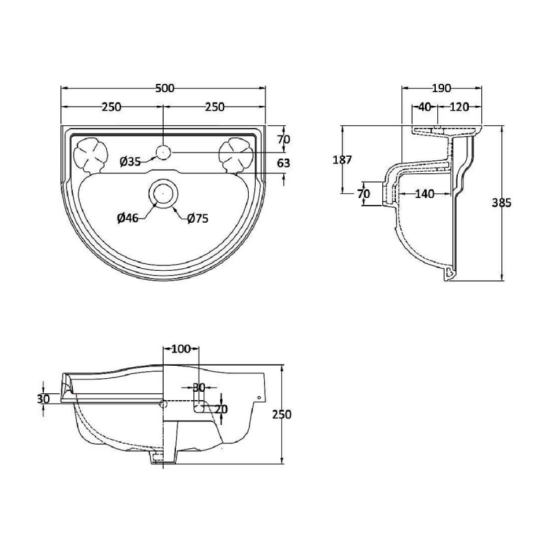 Hudson Reed Ryther Wall Hung Cloakroom Basin 500mm Wide 1 Tap Hole