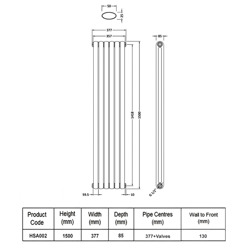 Hudson Reed Salvia Double Designer Vertical Radiator 1500mm H x 377mm W - White