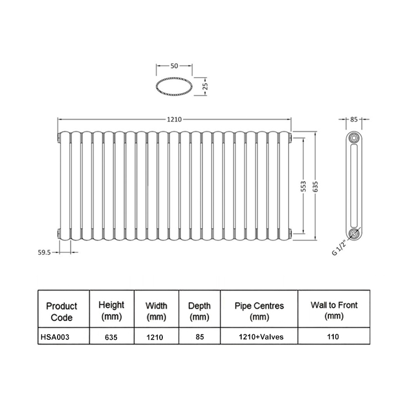 Hudson Reed Salvia Double Designer Horizontal Radiator 635mm H x 1210mm W - White