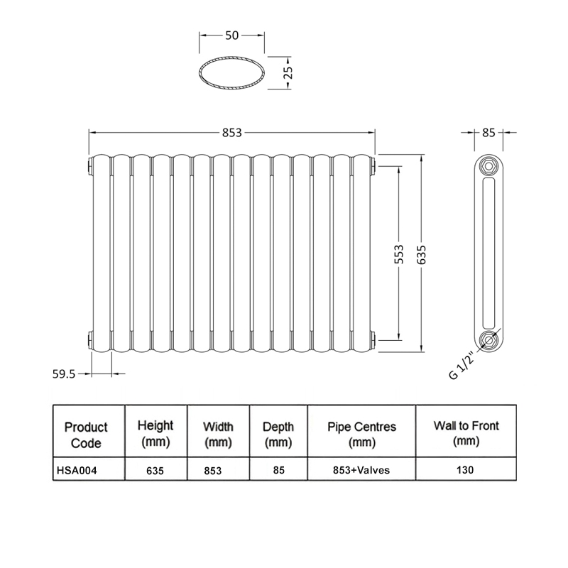 Hudson Reed Salvia Double Designer Horizontal Radiator 635mm H 853mm W - White