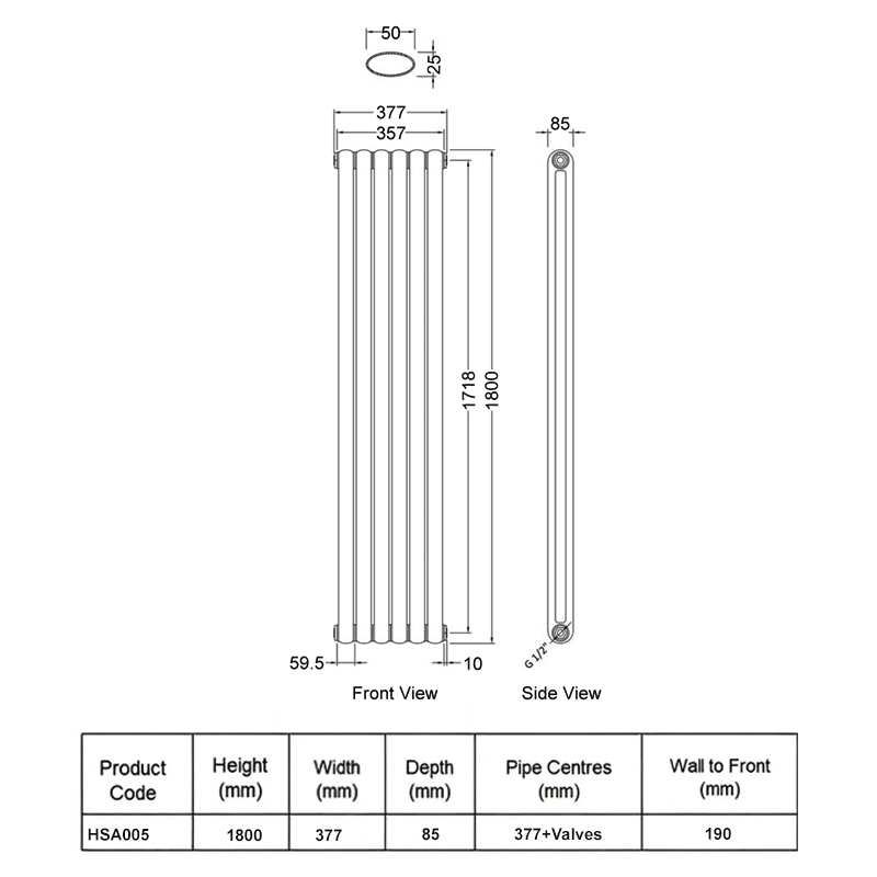 Hudson Reed Salvia Double Designer Vertical Radiator 1800mm H x 377mm W - Anthracite