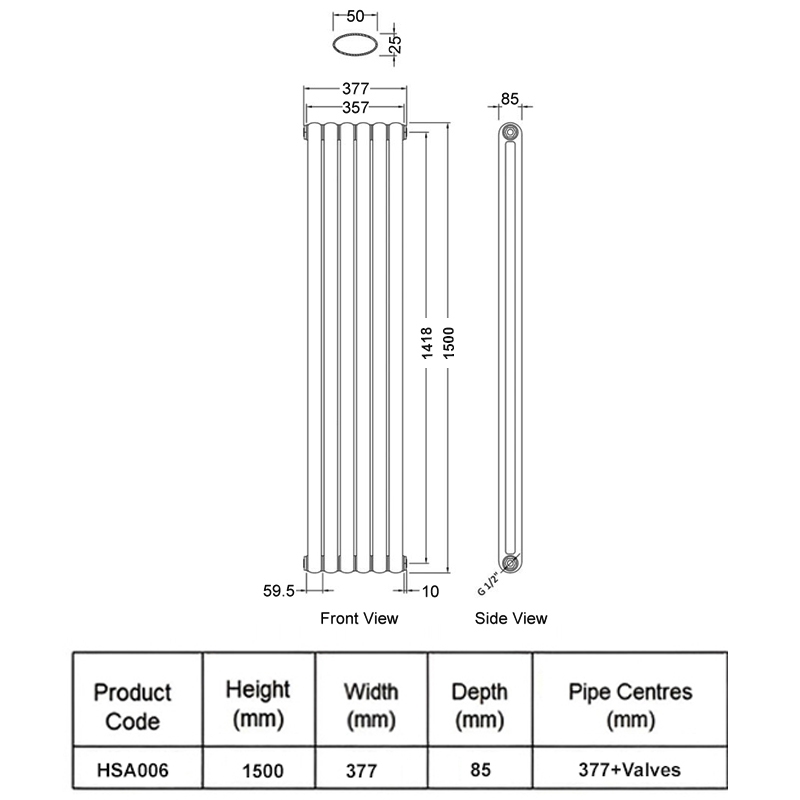 Hudson Reed Salvia Double Designer Vertical Radiator 1500mm H x 377mm W - Anthracite