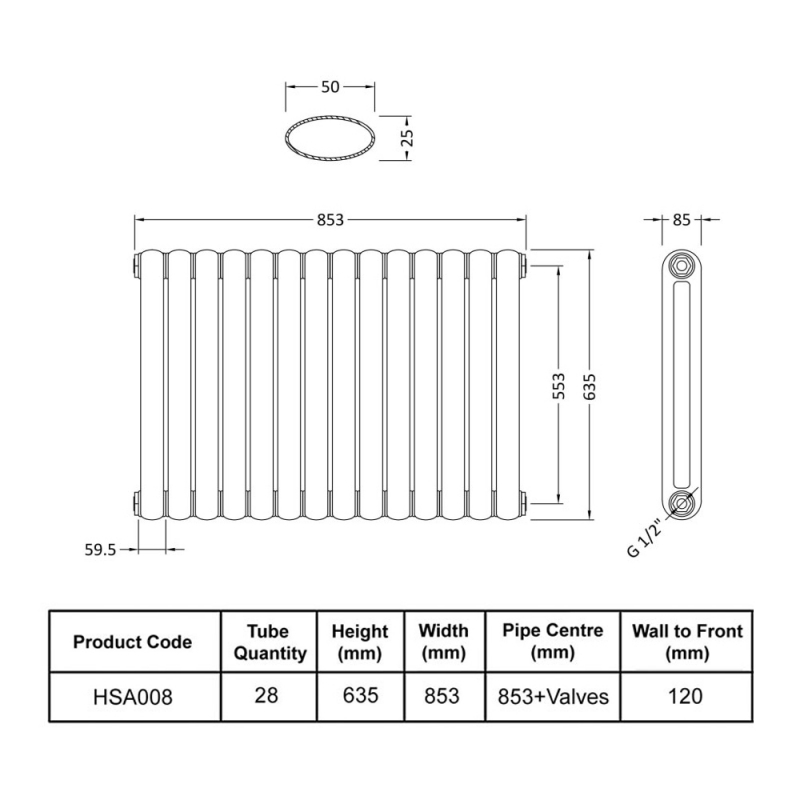 Hudson Reed Salvia Double Designer Horizontal Radiator 635mm H x 853mm W - Anthracite