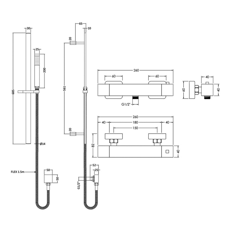 Hudson Reed Sanford Square Thermostatic Bar Shower Valve with Sheer Slider Rail Kit - Chrome