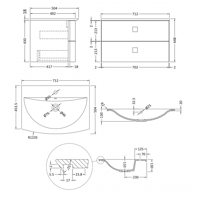 Hudson Reed Sarenna 2-Drawer Wall Hung Vanity Unit and Basin 700mm Wide - Moon White