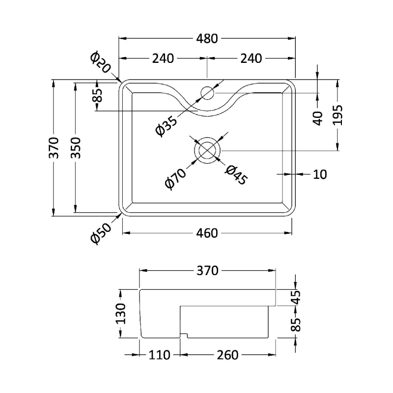 Hudson Reed Semi Recessed Basin 480mm Wide - 1 Tap Hole