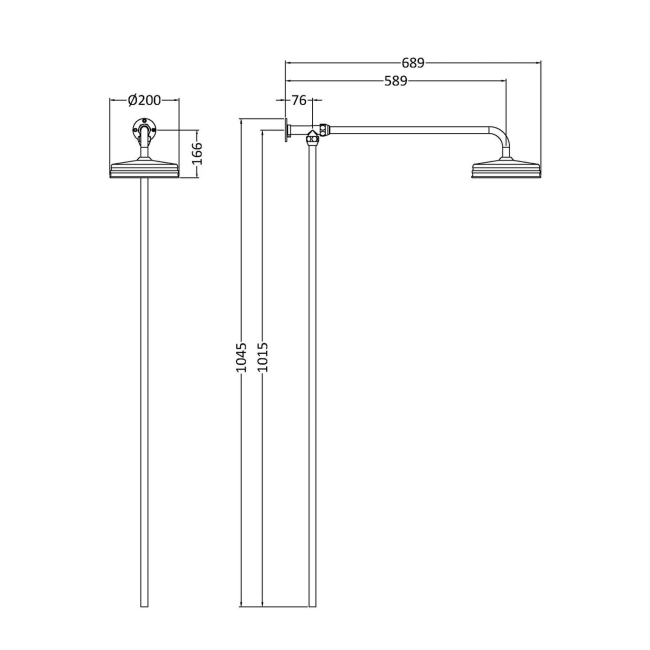 Hudson Reed Traditional Shower Riser Kit with Apron Fixed Shower Head - Brushed Pewter  | Dimension Image