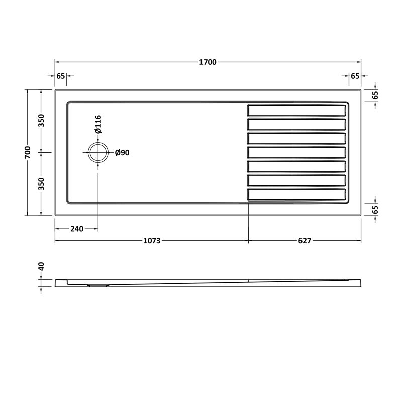 Nuie Slate Rectangular Walk-In Shower Tray 1700mm x 700mm - Grey