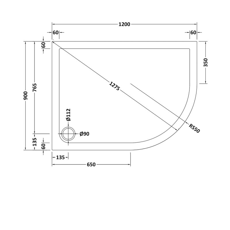 Nuie Pearlstone Slip Resistant Offset Quadrant Shower Tray 1200mm x 900mm Right Handed