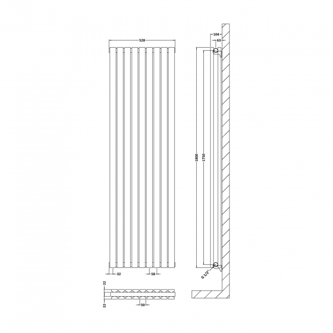 Hudson Reed Sloane Double Designer Vertical Radiator 1800mm H x 528mm W - Anthracite
