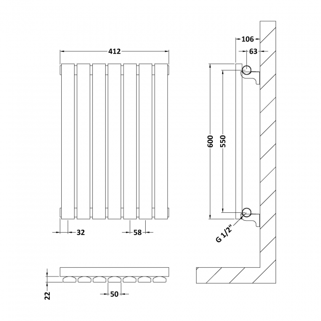 Hudson Reed Sloane Single Designer Horizontal Radiator 600mm H x 412mm W - Anthracite