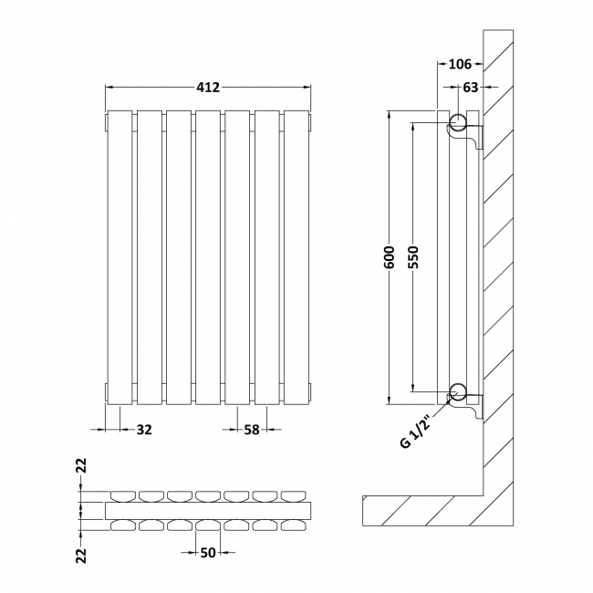 Hudson Reed Sloane Double Designer Horizontal Radiator 600mm H x 412mm W - Anthracite