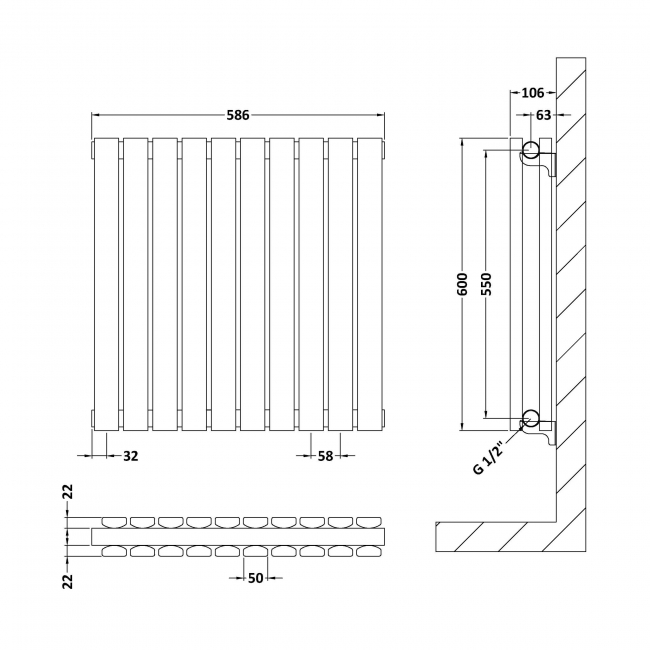 Hudson Reed Sloane Double Designer Horizontal Radiator 600mm H x 586mm W - Anthracite