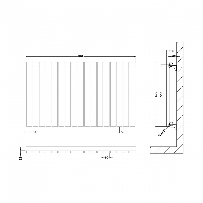 Hudson Reed Sloane Single Designer Horizontal Radiator 600mm H x 992mm W - Anthracite