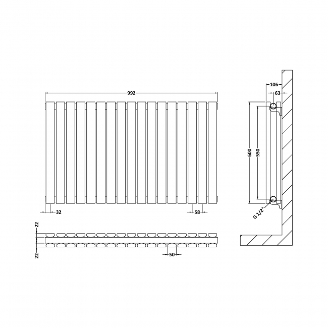 Hudson Reed Sloane Double Designer Horizontal Radiator 600mm H x 992mm W - Anthracite