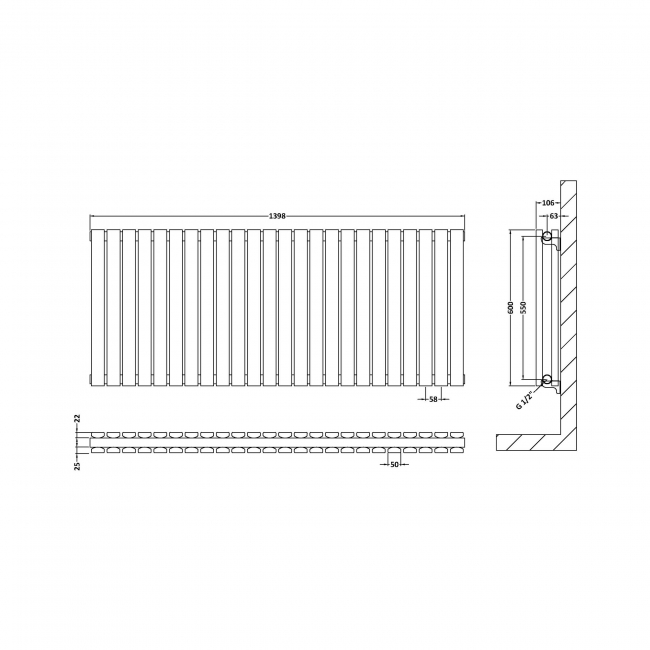 Hudson Reed Sloane Double Designer Horizontal Radiator 600mm H x 1398mm W - Anthracite