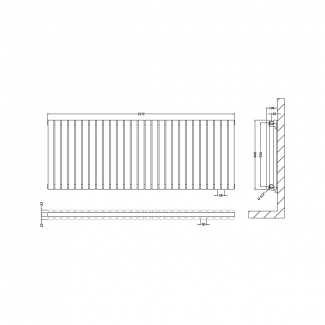 Hudson Reed Sloane Double Designer Horizontal Radiator 600mm H x 1572mm W - Anthracite