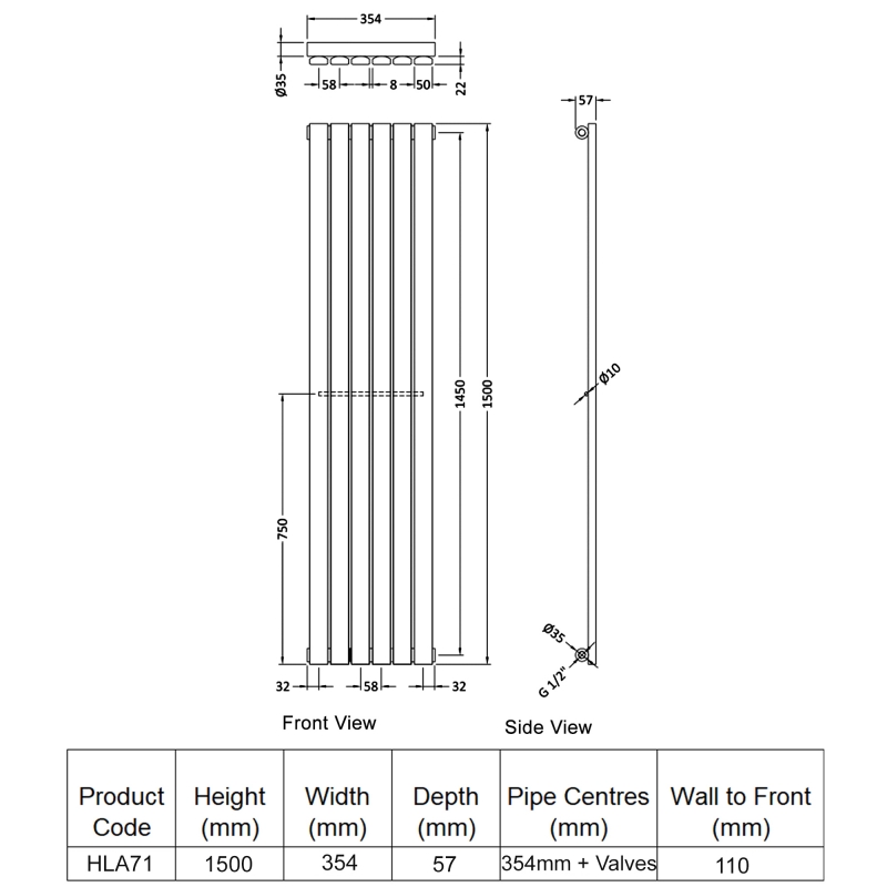 Hudson Reed Sloane Single Designer Vertical Radiator 1500mm H x 354mm W - Anthracite