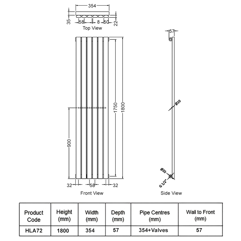 Hudson Reed Sloane Single Designer Vertical Radiator 1800mm H x 354mm W - Anthracite