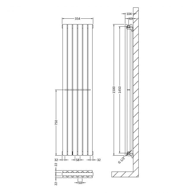 Hudson Reed Sloane Double Designer Vertical Radiator 1500mm H x 354mm W - Anthracite
