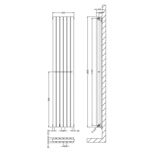 Hudson Reed Sloane Double Designer Vertical Radiator 1800mm H x 354mm W - Anthracite