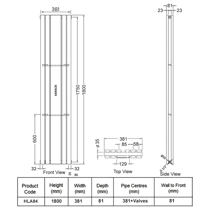Hudson Reed Sloane Double Designer Vertical Radiator Mirror 1800mm H x 381mm W - Anthracite