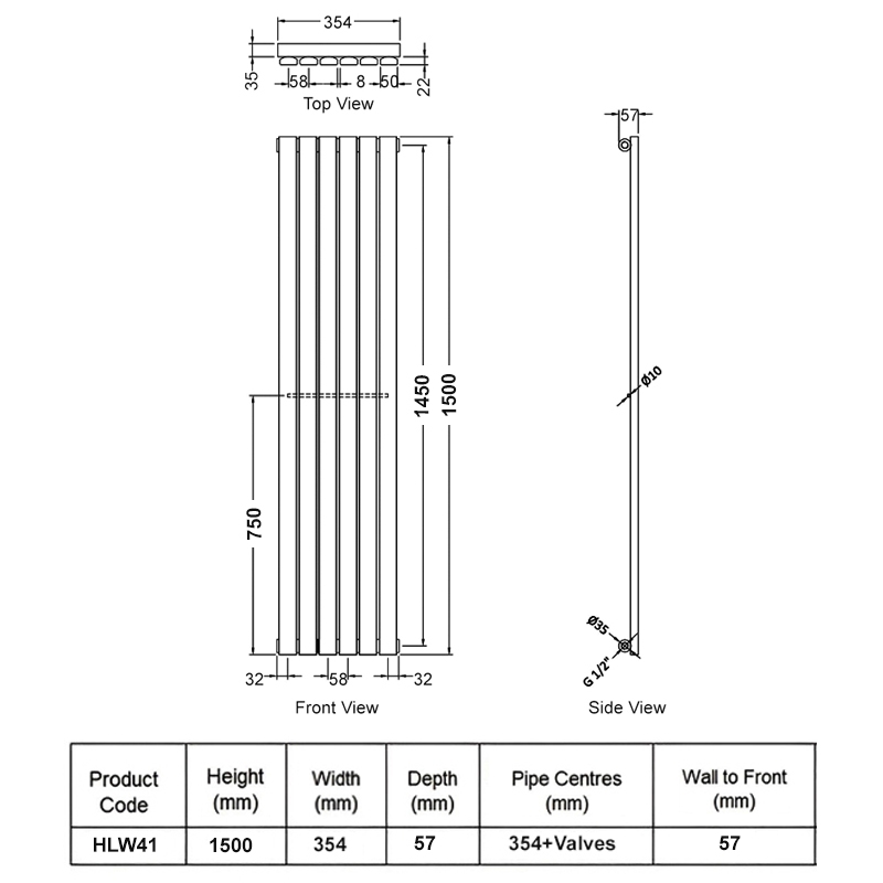 Hudson Reed Sloane Single Designer Vertical Radiator 1500mm H x 354mm W - Satin White