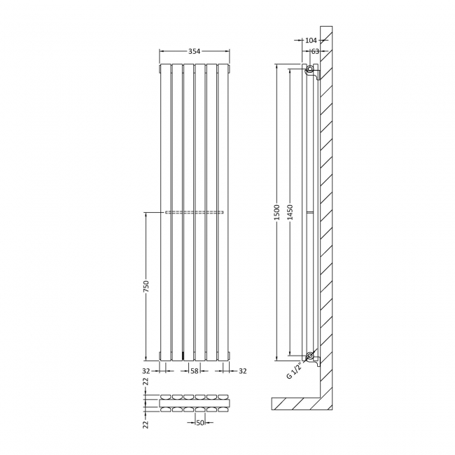 Hudson Reed Sloane Double Designer Vertical Radiator 1500mm H x 354mm W - Satin White