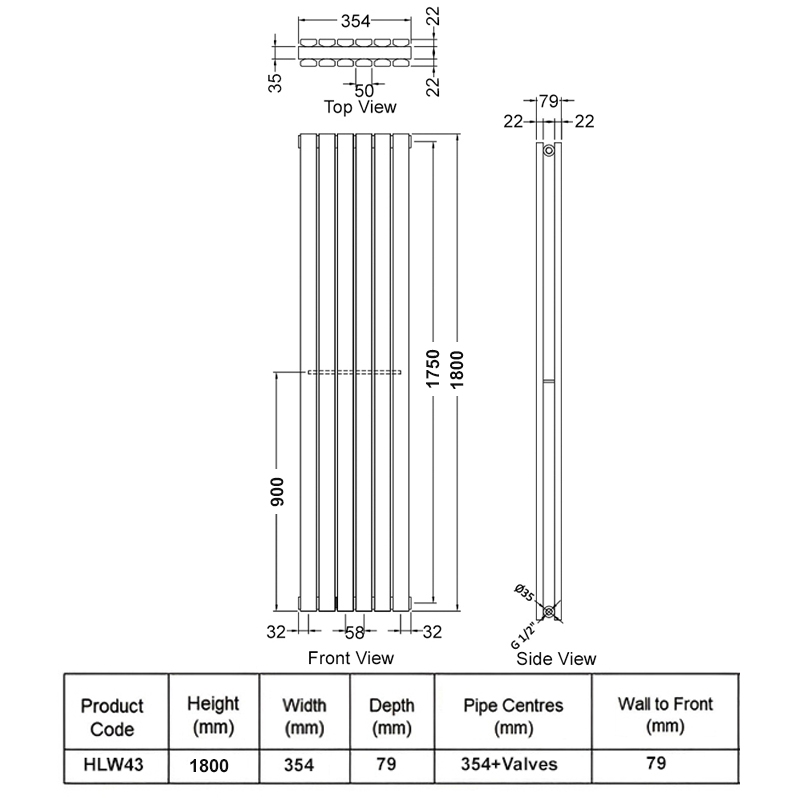 Hudson Reed Sloane Double Designer Vertical Radiator 1800mm H x 354mm W - Satin White