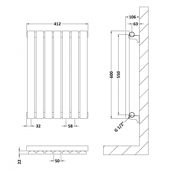 Hudson Reed Sloane Single Designer Horizontal Radiator 600mm H x 412mm W - Satin White