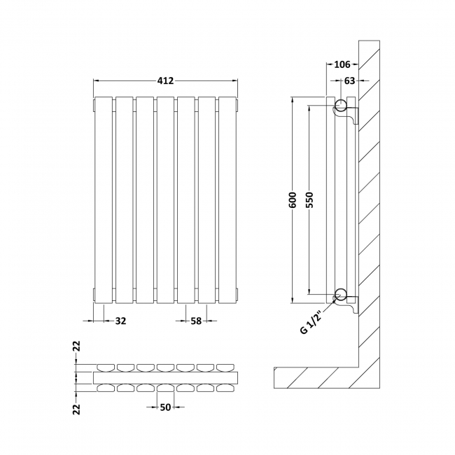 Hudson Reed Sloane Double Designer Horizontal Radiator 600mm H x 412mm W - Satin White