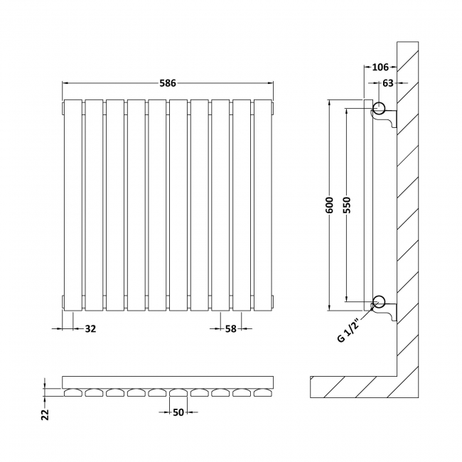 Hudson Reed Sloane Single Designer Horizontal Radiator 600mm H x 586mm W - Satin White