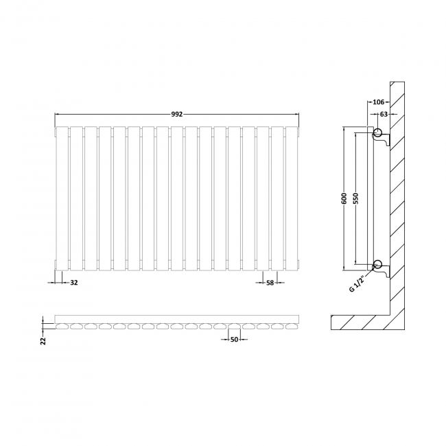 Hudson Reed Sloane Single Designer Horizontal Radiator 600mm H x 992mm W - Satin White