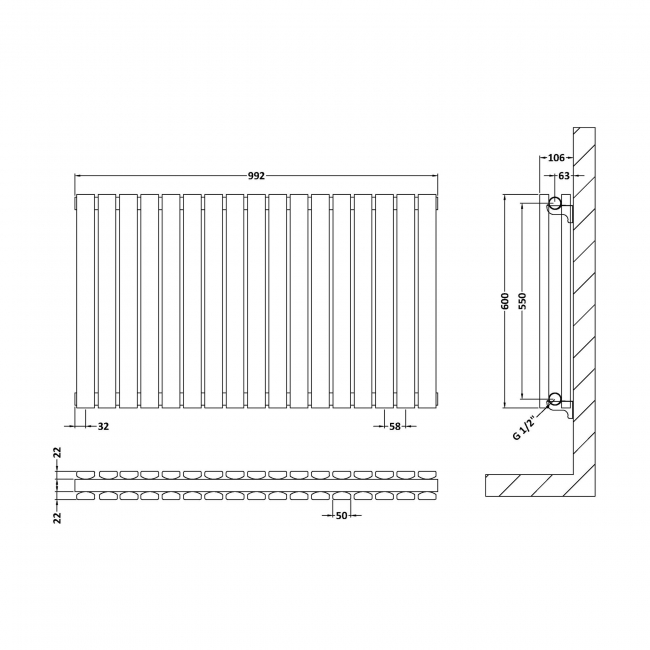 Hudson Reed Sloane Double Designer Horizontal Radiator 600mm H x 992mm W - Satin White