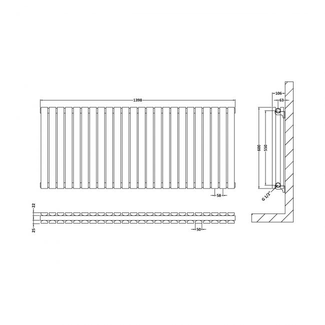 Hudson Reed Sloane Double Designer Horizontal Radiator 600mm H x 1398mm W - Satin White