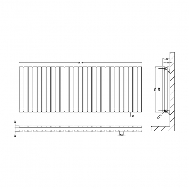 Hudson Reed Sloane Double Designer Horizontal Radiator 600mm H x 1572mm W - Satin White