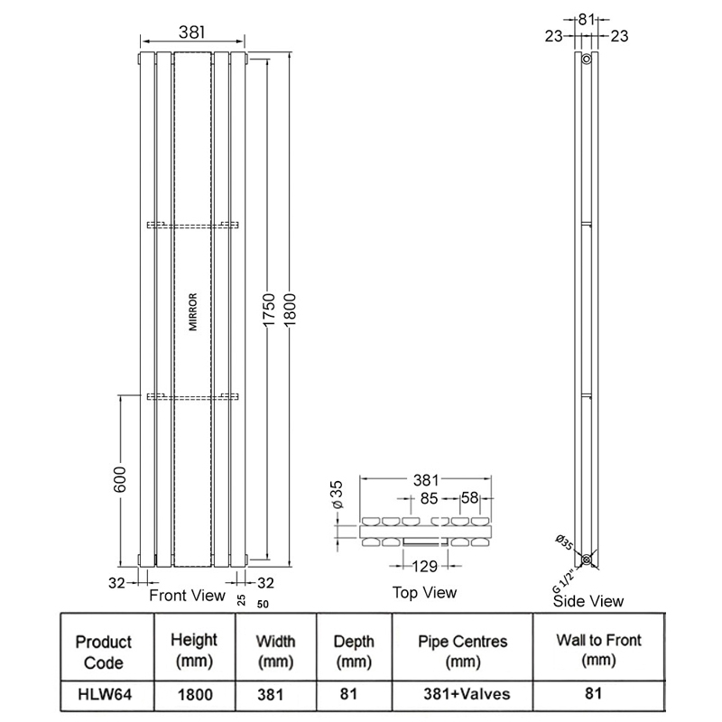 Hudson Reed Sloane Double Designer Vertical Radiator Mirror 1800mm H x 381mm W - Satin White