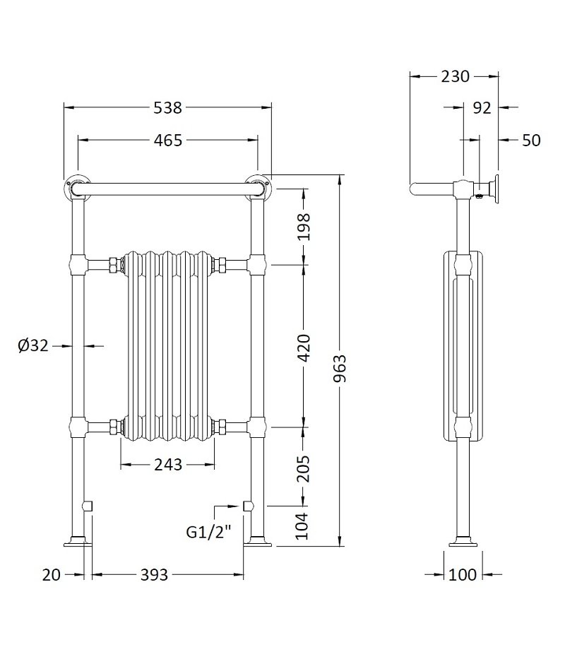 Hudson Reed Small Harrow Heated Radiator Towel Rail 965mm H x 540mm W - Chrome/White