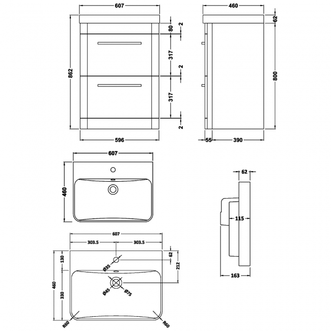 Hudson Reed Solar Floor Standing Vanity Unit with Thin-Edged Basin 600mm Wide - Fern Green  | Dimension Image