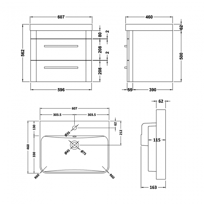 Hudson Reed Solar Wall Hung Vanity Unit with Thin-Edged Basin 600mm Wide - Cool Grey  | Dimension Image