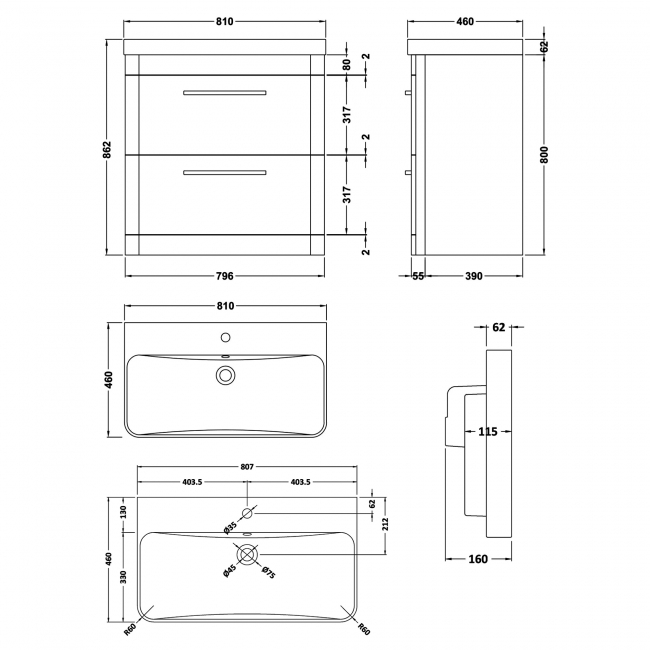 Hudson Reed Solar Floor Standing Vanity Unit with Thin-Edged Basin 800mm Wide - Cool Grey  | Dimension Image