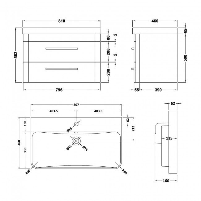Hudson Reed Solar Wall Hung Vanity Unit with Thin-Edged Basin 800mm Wide - Cool Grey  | Dimension Image