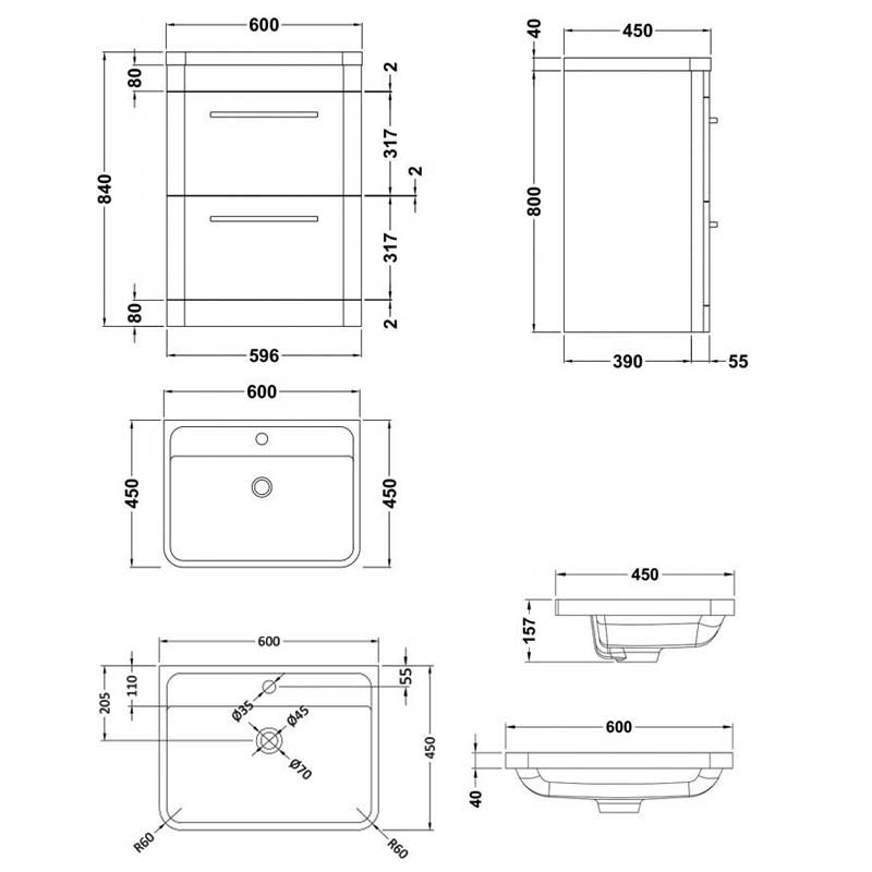 Hudson Reed Solar Floor Standing Vanity Unit with Polymarble Basin 600mm Wide - Cool Grey