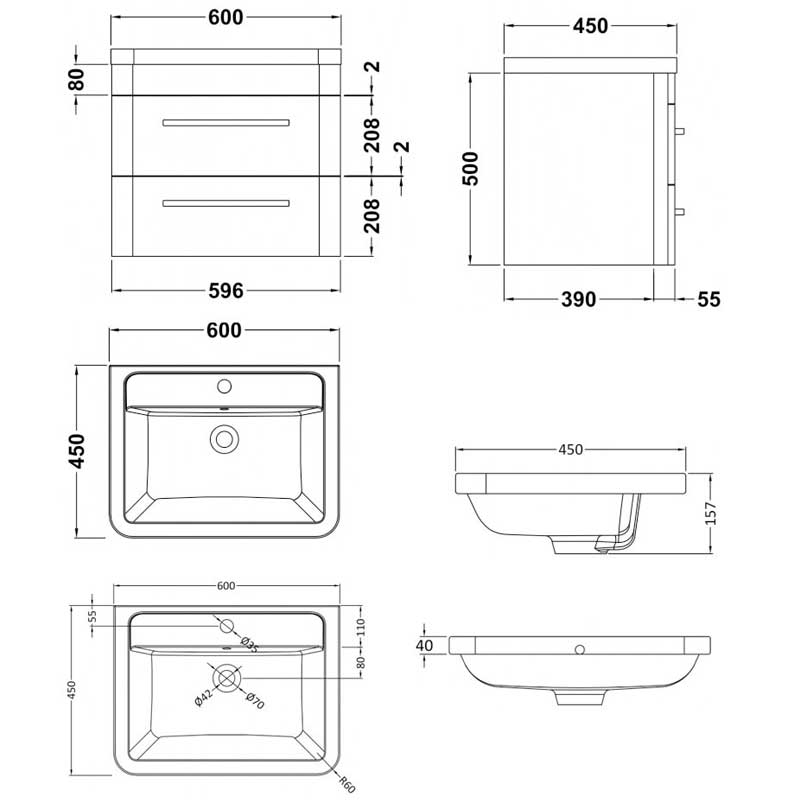Hudson Reed Solar Wall Hung Vanity Unit with Ceramic Basin 600mm Wide - Fern Green